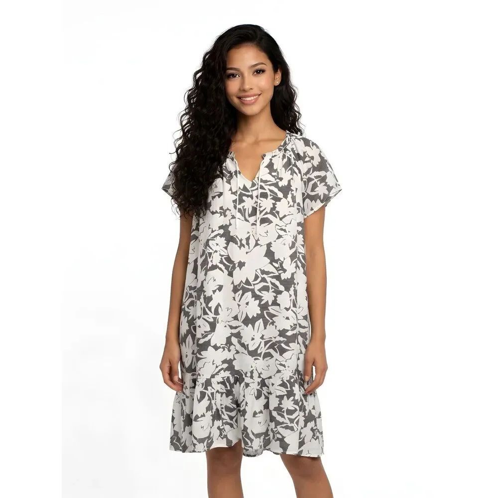 Robert Louis Black & White Floral Split Neck Shift Mini Dress Size M